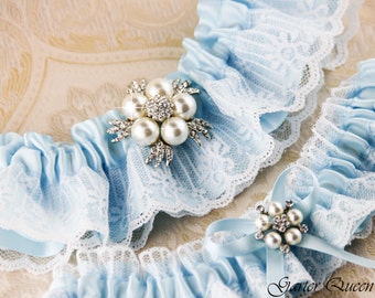 Something Blue Wedding Garter Set, Blue Bridal Garter Set, Pearl Garter Set, Keepsake Garter, Tossing Garter, Personalized Garters