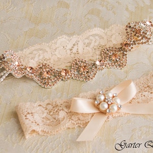 Ensemble de jarretière de mariage en or rose, ensemble de jarretière de mariée, jarretière de mariage en dentelle blanche, ensemble de jarretière en cristal, ensemble de jarretière en dentelle ivoire
