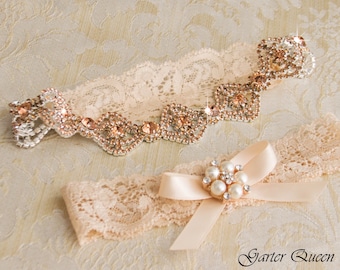 Rose Gold Wedding Garter Set, Bridal Garter Set, White Lace Wedding Garter, Crystal Garter Set, Ivory Lace Garter Set