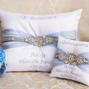 Pillows set for Quinceanera Party in dusty blue and silver, Mis 15 Anos Shoe Pillow, Accesorios de Quince Anos, Sweet 16 Kneeling Pillow