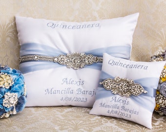 Pillows set for Quinceanera Party in dusty blue and silver, Mis 15 Anos Shoe Pillow, Accesorios de Quince Anos, Sweet 16 Kneeling Pillow