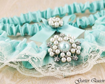 Wedding Garter in Aqua Blue, Something Blue, Aqua Lace Wedding Garter Set, Bridal Garter Set, Personalized Garters, Blue Wedding Garter Set