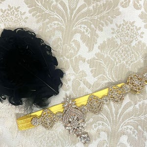 Reserved listing for Kristie - gold rhinestone headband, black feather hairclip