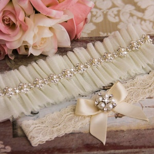Bridal Garter, Wedding garter, Rhinestone Wedding Garter, Tulle Bridal Garter Set, Ivory Bridal Garter Belt, Crystal garter, Garter set