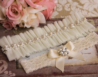 Bridal Garter, Wedding garter, Rhinestone Wedding Garter, Tulle Bridal Garter Set, Ivory Bridal Garter Belt, Crystal garter, Garter set