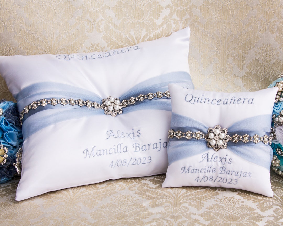 Pillows Set for Quinceanera Party in Dusty Blue and Silver, Mis 15 Anos Shoe Pillow, Accesorios