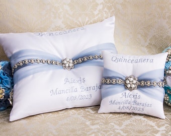 Pillows set for Quinceanera Party in dusty blue and silver, Mis 15 Anos Shoe Pillow, Accesorios de Quince Anos, Sweet 16 Kneeling Pillow