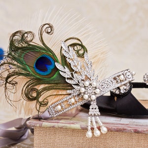 Great Gatsby Headband with peacock feathers, Art Deco Accessories, Wedding Headpiece