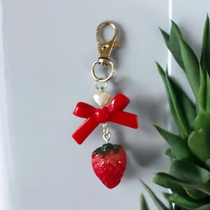 Strawberry Charm Keychain, Coquette Bow, Girly Bag Accessory
