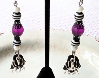 Spider Earrings with Purple and Striped Beads - Halloween Earrings or Goth Cosplay Jewelry