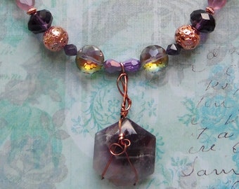 Wire Wrapped Amethyst Hexagon Pendant Necklace with Purple and Coppertone Beads