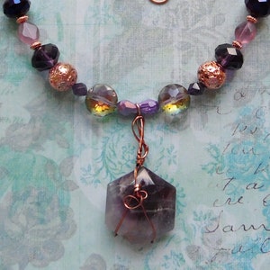 Wire Wrapped Amethyst Hexagon Pendant Necklace with Purple and Coppertone Beads image 1