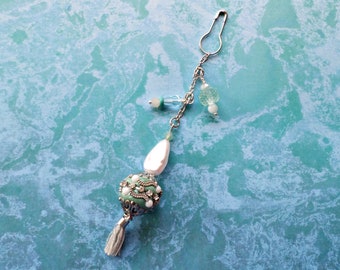 Aqua Junk Journal Dangle - Boho Pearl Beaded Planner Dangle - Ocean Journal Embellishment - Book Jewelry - Purse Charm