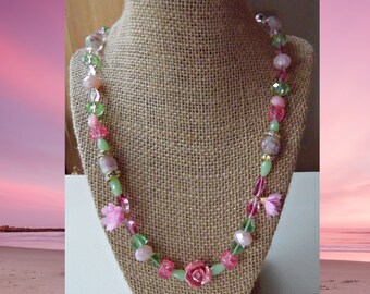 Pink Rose Necklace Green Beads and Fabric Flowers - Flower Jewelry