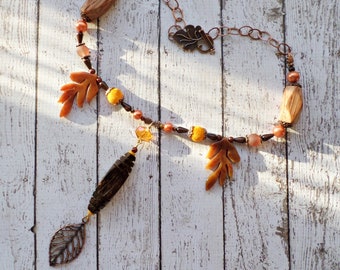 Autumn Woods Necklace - Fall Statement Necklace with Wood, Glass and Acrylic Beads