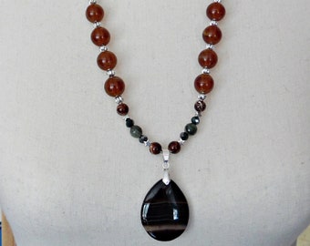 Coffee Lover Necklace with Caffeine Molecule Charms and Agate Pendant