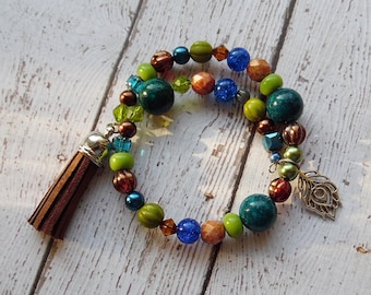 Peacock Feather Bracelet with Brown Tassel