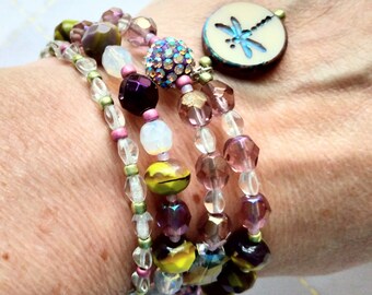 Dragonfly Beaded Bracelet with Green and Purple Beads - Memory Wire Wrap Bracelet Fits Most Most Wrists