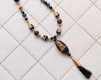 Buddha Necklace with Boho Bead and Tassel - Dark Blue Color Beaded Necklace