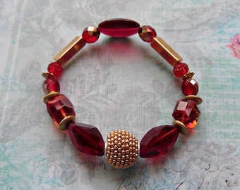 Fancy Red Stretch Bracelet with Goldtone Boho Bead