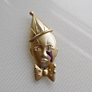 Vintage Clown Brooch Goldtone Pin with Glittery Enamel Purple Tear