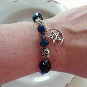 Pentagram Moon Charm Bracelet: Blue & Silver Beads, Pagan Tassel