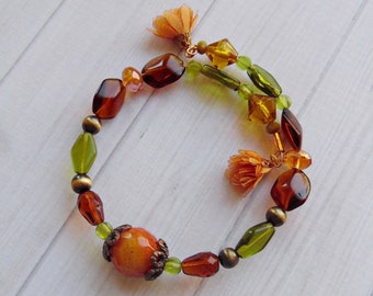 Autumn Bracelet with Fabric Floral Tassels - Fall Memory Wire Bracelet