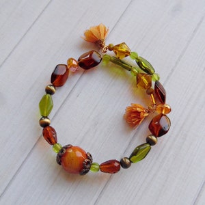 Autumn Bracelet with Fabric Floral Tassels - Fall Memory Wire Bracelet