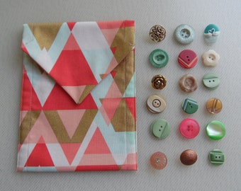 Geometric Tarot Bag in Coral, Orange, Mint Green and Gold - You Choose Liner Color and Vintage Button!