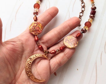 Coppertone Crescent Moon Necklace with Fall Color Beads