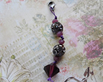 Purple Beaded Purse Charm Zipper Pull Keychain Fob