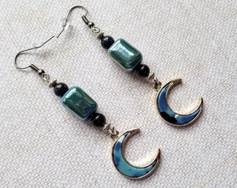 Crescent Moon Earrings with Sparkling Dark Blue Goldstone Beads