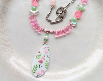 Pink Flamingo Necklace with Pink and Green Beads - Beach Necklace - Summer Vacation Jewelry