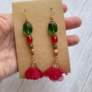 Christmas Tassel Earrings with Red, Green and Gold Glass and Beads - Christmas Dangle Earrings