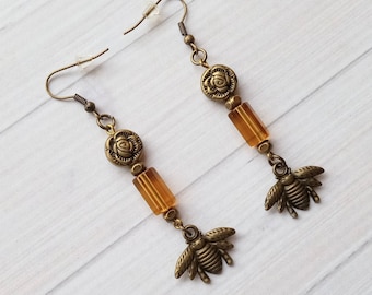 Bee Earrings with Brass Flower and Amber Beads