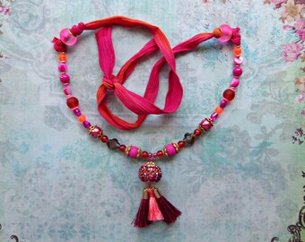 Hot Pink Boho Necklace with Ombre Fairy Silk