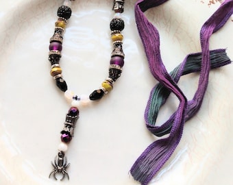 Beaded Spider Necklace with Silk Ribbon Adjustable Length