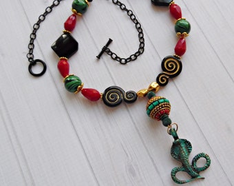 Tribal Snake Necklace with Black, Red and Green Beads