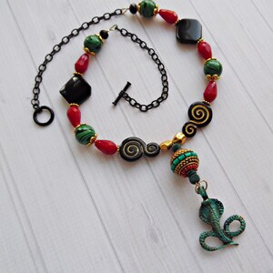 Tribal Snake Necklace with Black, Red and Green Beads