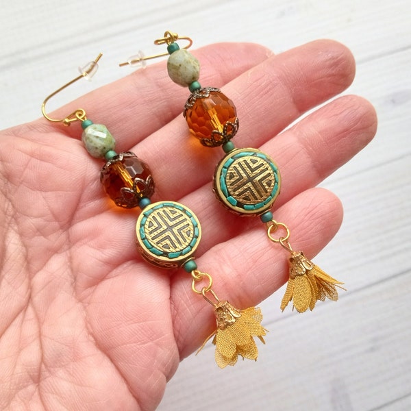 Tibetan Style Earrings with Filigree Beads and Golden Fabric Flower Tassels