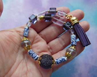 Purple Boho Bead Bracelet with Faux Suede Tassel