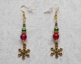 Yule Snowflake Earrings with Red, Green and Gold Beads
