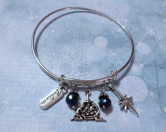 Christmas Nativity Silver Bracelet with Believe Charm and Dark Blue Bead Dangles
