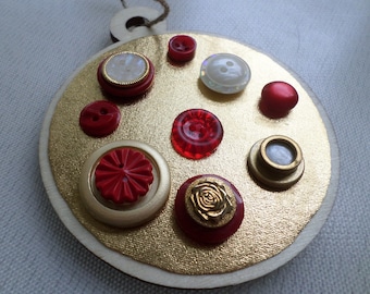 Wood Ornament with Gold, Red and Pearl Vintage Buttons Rustic