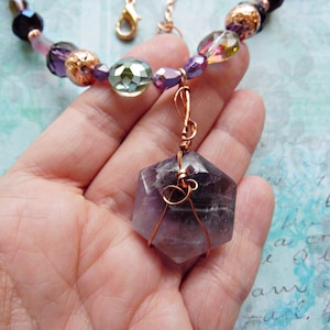 Wire Wrapped Amethyst Hexagon Pendant Necklace with Purple and Coppertone Beads image 7