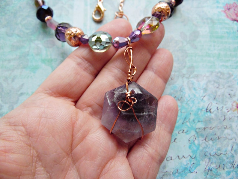 Wire Wrapped Amethyst Hexagon Pendant Necklace with Purple and Coppertone Beads image 7