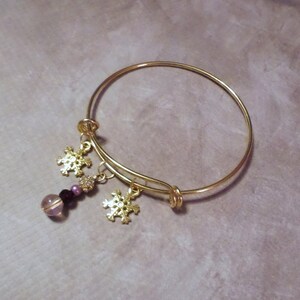 Goldtone Snowflake Charm Bracelet with Purple Bead Dangle image 4