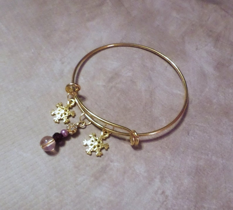 Goldtone Snowflake Charm Bracelet with Purple Bead Dangle image 4