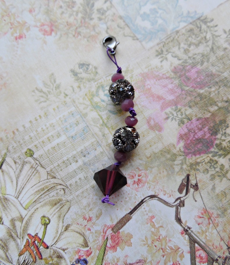 Purple Beaded Purse Charm Zipper Pull Keychain Fob