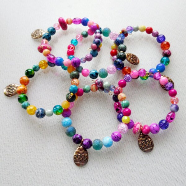 Easter Egg Bracelet - Colorful Beads with Brass Egg Charm - Ostara Bracelet
